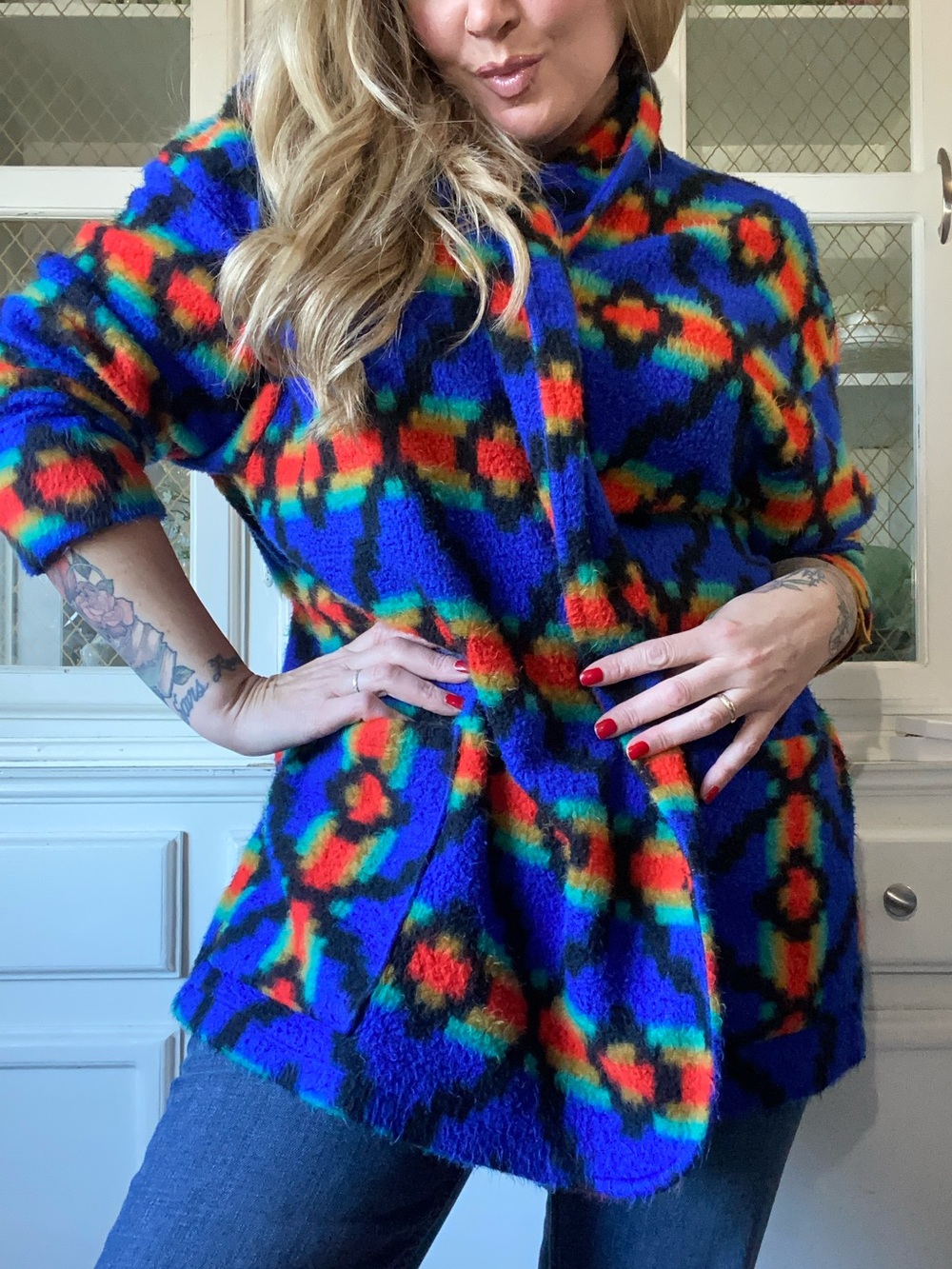 90s Oversized Fleece Blazer Bright Geometric Southwestern Button Front Jacket